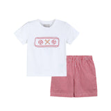 Baseball Smocked Shirt and Red Gingham Shorts Set: 4T