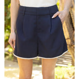 Navy Pearl Hem Pleated Shorts