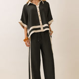 Black Contrast Trim Button-Down Top & Wide-Leg Pants Set