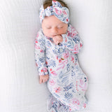Newborn Knotted Baby Gown, Bow, Hat Set - Bloom