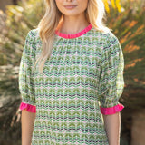 Contrast Ruffle Puff Sleeve Print Top