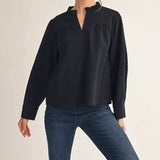 Black Crinkle Ruffle Neck Top