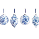 Blue & White Floral Glass Ornaments – Hand Blown (Olive & Round Shapes, 4 Styles)