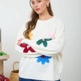 MULTI-COLOR CROCHET FLORAL DETAIL KNIT PULLOVER: BUTTER YELLOW MULTI
