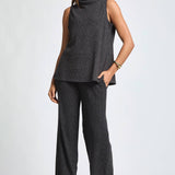 3 Piece Set Cowl Neck Tank Top + Cardigan + Pants: BLACK / L