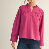 Hot Pink Crinkle Ruffle Neck Top