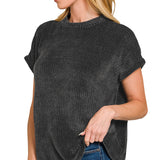Black Chenille Waffle Cap Sleeve Sweater