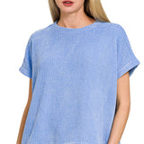 Cornflower Blue Chenille Waffle Cap Sleeve Sweater