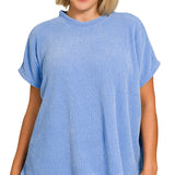 Cornflower Blue Chenille Waffle Cap Sleeve Sweater (Plus)