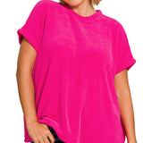 Hot Pink Chenille Waffle Cap Sleeve Sweater (Curvy)