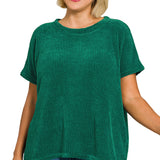 Curvy Hunter Green Chenille Waffle Cap Sleeve Top