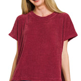 Dark Burgundy Chenille Waffle Cap Sleeve Sweater