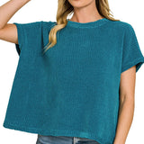 Ocean Teal Chenille Waffle Cap Sleeve Sweater