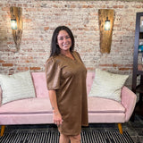 Brown Faux Leather Ruffle V-Neck Dress