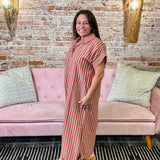 Striped Collared Midi Dress - Brick