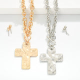 Metal Tone Chain Link Featuring Gold Silver Tone Hammered Cross