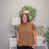 Viscose Mock Neck Short Sleeve Boxy Sweater – Deep Camel