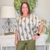 Geometric Floral Printed Elastic Cuff Blouse