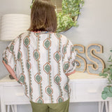 Geometric Floral Printed Elastic Cuff Blouse
