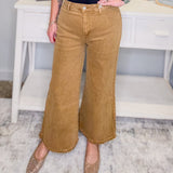 Acid Washed High Waist Frayed Hem Wide Leg Pants – Deep Camel