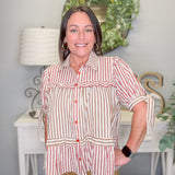 Stripe Tiered Button-Up Blouse – Mocha Burgundy Cream