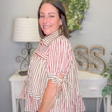 Stripe Tiered Button-Up Blouse – Mocha Burgundy Cream