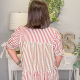 Stripe Tiered Button-Up Blouse – Mocha Burgundy Cream