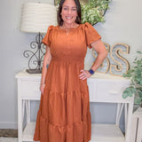 Textured Woven Tiered Midi Dress – Rust