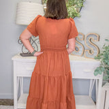 Textured Woven Tiered Midi Dress – Rust