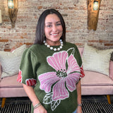 Olive Floral Puff Sleeve Sweater