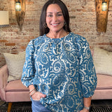 Paisley Velvet Jacquard Puff Sleeve Top