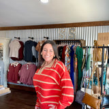 Red and Camel Striped Collared Sweater