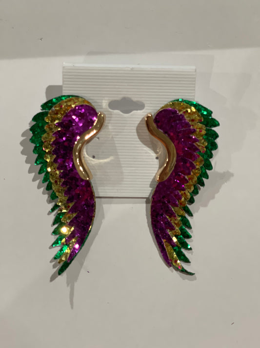 Celestial Radiance: Mardi Gras Glitter Angel Wing Earrings