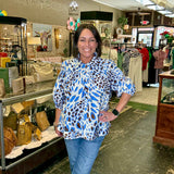 Blue Leopard Puff Sleeve Top