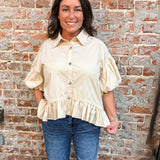 Ruffle Hem Puff Sleeve Button Top-Ecru