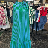 Green Blue Stripe Ruffle Neck Midi Dress