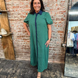 Green Navy Stripe Puff Sleeve Midi Dress