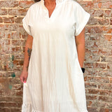 White Ruffle Collar V-Neck Midi Dress