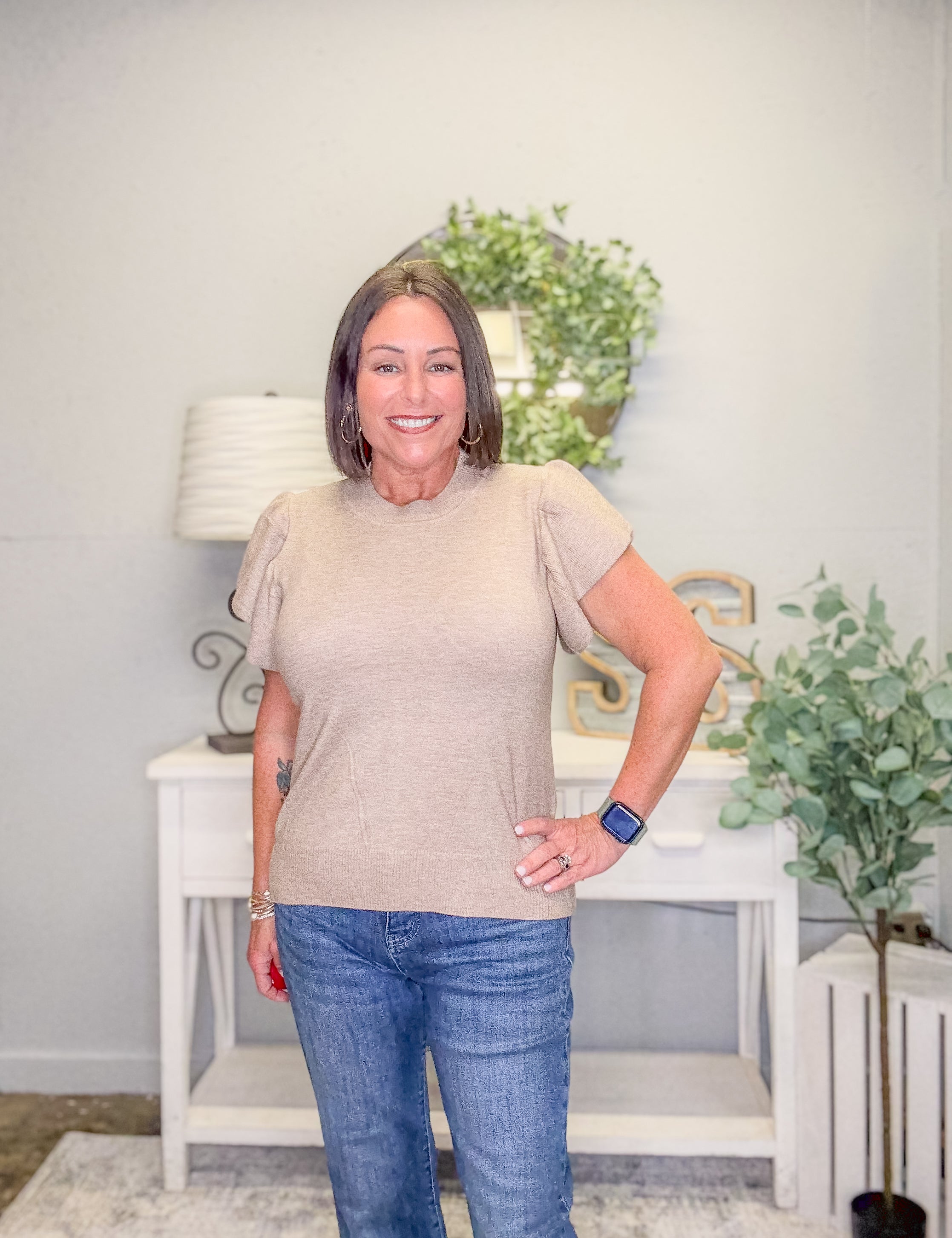 Taupe Ruffle Sleeve Solid Sweater