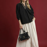 Puff Sleeves V-Neck Collared Top – Black