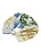 Blue & Ivory Floral Print Pearl Accent Scarf Necklace