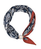 Navy Paisley Pearl Accent Scarf Necklace