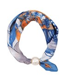 Blue & Orange Print Pearl Accent Scarf Necklace