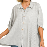 Black Plus Woven Stripe Oversized Button Down Top
