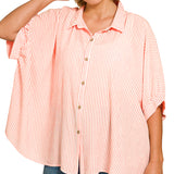 Coral Plus Woven Stripe Oversized Button Down Top