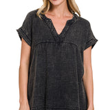 Curvy Washed Double Gauze V-Neck Shirt – Ash Black