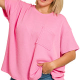 Candy Pink Plus Raised Rib Pocket Top