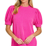 Hot Pink Raised Rib Puff Sleeve Top