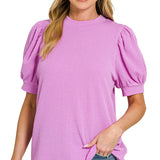 Spring Violet Raised Rib Puff Sleeve Top