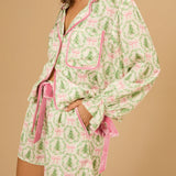 Satin Christmas Tree & Bow Pajama Set with Velvet Piping